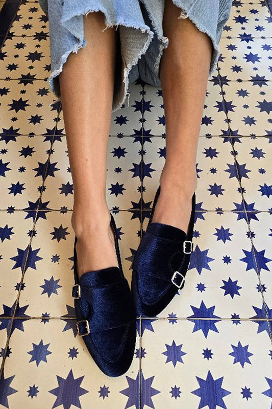 Patchwork Buckles Solid Color Round Toe Navy Loafers